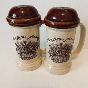 Enesco Stoneware Live Better Naturally Salt And Pepper Shakers 1977 VINTAGE